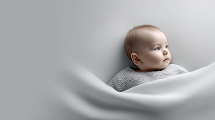 Peaceful baby, newborn, rests on soft white bed in minimal scene. calm infant appears curious, looking gently to side with sweet and innocent expression