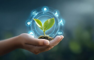 A person's hand holds a small sprout with glowing digital icons around it against a softly blurred green bokeh background
