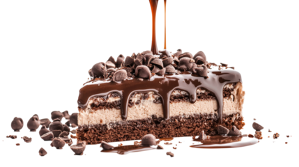 Chocolate cake slice with syrup and chips isolated on a transparent background