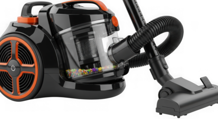 Modern black and orange canister vacuum cleaner with hose and floor head, isolated on transparent background