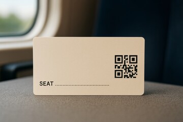 Blank train seat card with QR code placed on table near window and dark seat on blurred background in soft daylight inside modern transport cabin. Ai generative