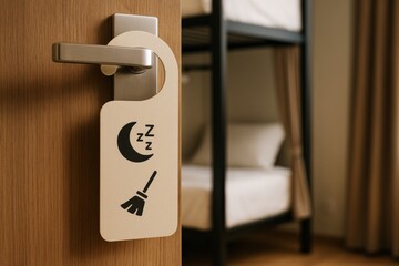 Beige door hanger with sleep and cleaning icons on modern handle, blurred bunk bed background in cozy interior space, soft light ambiance. Ai generative