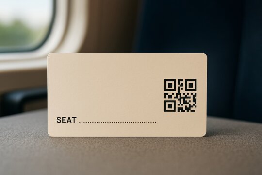 Blank train seat card with QR code placed on table near window and dark seat on blurred background in soft daylight inside modern transport cabin. Ai generative