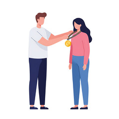 Obraz premium Man Awarding Gold Medal to Woman for Achievement and Recognition