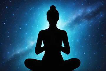 Silhouette of a Woman Meditating Against a Starry Blue Sky photo nebula