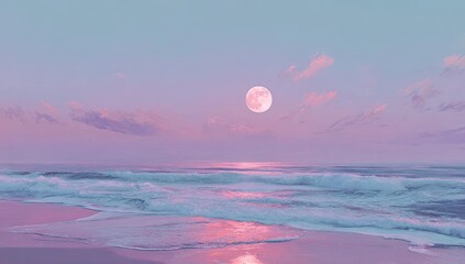 Pastel pink and blue sunset over a calm ocean, large full moon illuminating the sky and reflecting on the wet sand