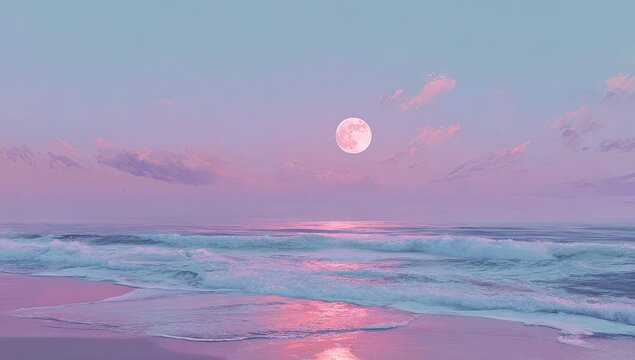 Pastel pink and blue sunset over a calm ocean, large full moon illuminating the sky and reflecting on the wet sand