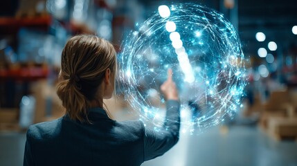 Ambitious businesswoman interacts with glowing digital globe in futuristic warehouse, symbolizing global logistics and innovation.