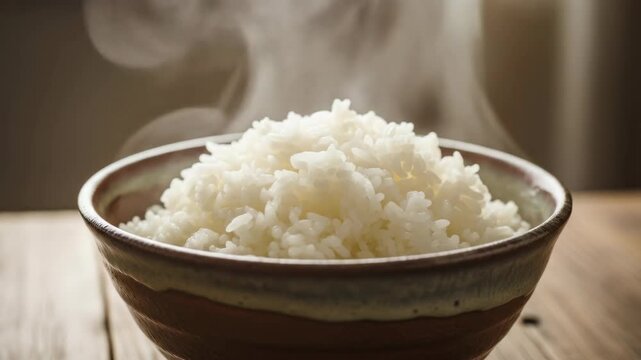 Steaming hot white rice in ceramic bowl on wooden table, close up, food.