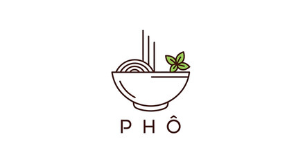 Simple line drawing of a bowl of pho with noodles, chopsticks, and basil leaves.