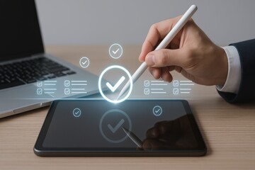 Close up hand using stylus on tablet with holographic checklist icons for productivity and task management
