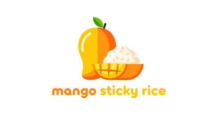 Stylized illustration of mango sticky rice dessert featuring a whole mango, a sliced mango, and a bowl of white sticky rice.