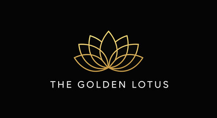 Minimalist golden line art lotus flower logo with 'THE GOLDEN LOTUS' text on a black background.
