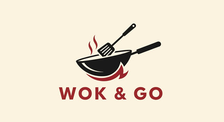 Wok & Go logo featuring a wok, spatula, steam, and flames.