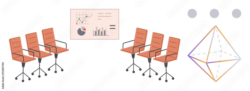 Poster office chairs in two groups, analytics dashboard displaying graphs, minimalistic geometric shape. id