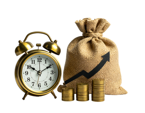Gold alarm clock beside a money bag with coins and upward trend