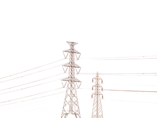 High voltage transmission towers and lines stretch across the blue sky, supplying power and energy to the industrial network