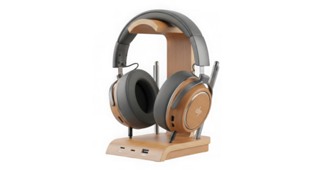 Modern overear headphones with a wooden stand, isolated on transparent background