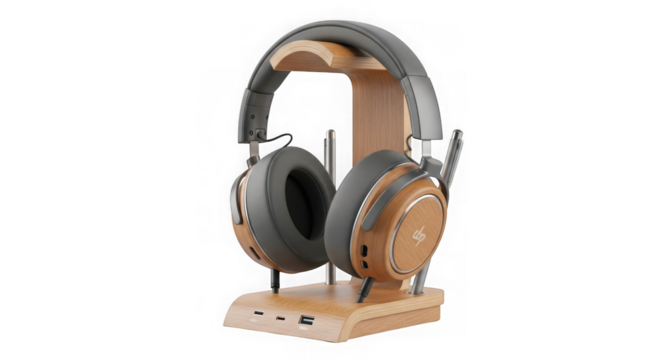 Modern overear headphones with a wooden stand, isolated on transparent background