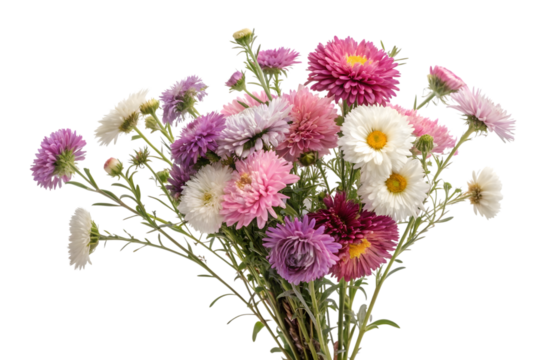 Colorful aster bouquet isolated on a transparent background.