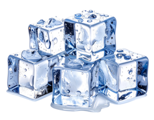 Close-up of several clear ice cubes, slightly melted