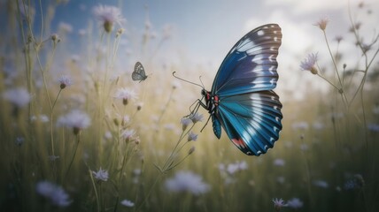 Close up of a vibrant blue butterfly in a field of wildflowers