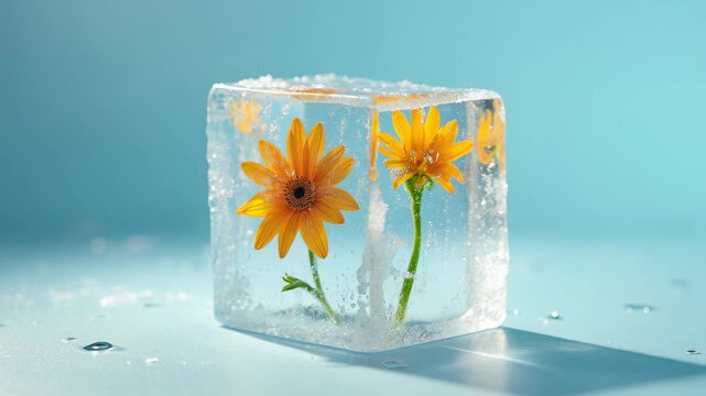 Rotating camera reveals vibrant yellow flower encased in ice with clear blue background