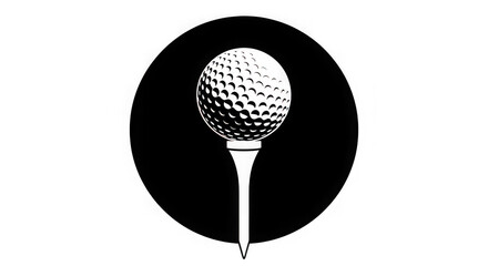 Black and white illustration of a golf ball on a tee inside a black circle, isolated on transparent background