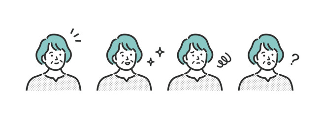 ミドル　シニア　女性の表情アイコンイラストセット素材