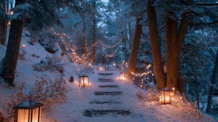 A serene winter evening unfolds along a snowy forest path illuminated by soft lantern light and sparkling decorations. The scene captures the tranquil beauty of nature at night - Powered by Adobe