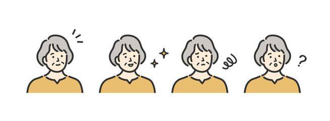 ミドル　シニア　女性の表情アイコンイラストセット素材