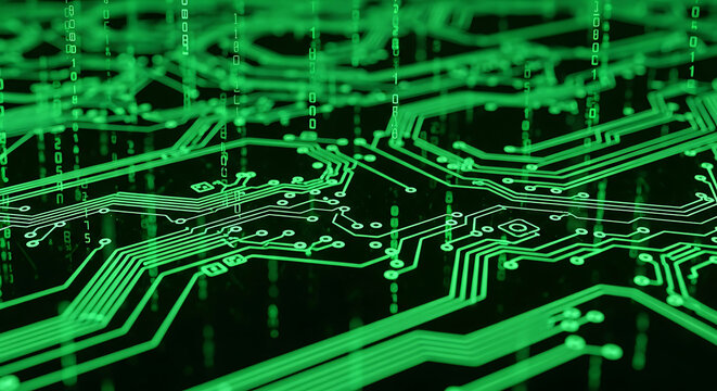 Green Digital Circuit Board with Binary Code Overlay technology data