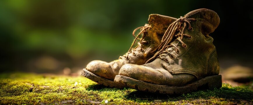 Well-worn, muddy hiking boots sit on moss-covered ground against a bokeh green backdrop, suggesting travel, adventure, and the outdoors