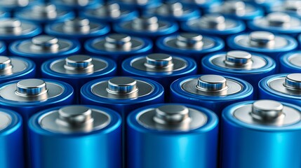 Vibrant blue cylindrical batteries lined up in a close up, high angle view, representing power and energy storage solutions.