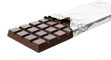 Dark chocolate bar with squares, partially unwrapped from silver foil, isolated on transparent background