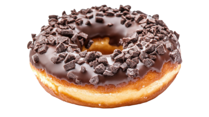 Chocolate doughnut with dark chocolate chips isolated on a transparent background