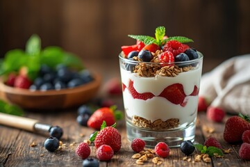 Delicious Berry Yogurt Parfait with Granola and Fresh Mint