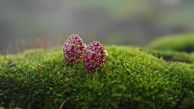 Close-up of two ruby earrings on green moss, jewelry, gems, nature, beautiful, vibrant, fashion