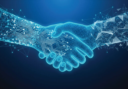 Modern digital handshake symbolizes technology partnership and innovation for business success creating a futuristic collaboration with cutting edge technology