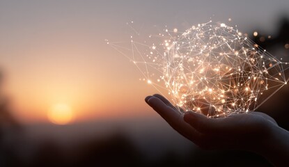 A hand presents a glowing network sphere against a warm, blurred sunset backdrop with silhouetted trees, evoking themes of connection and digital reach