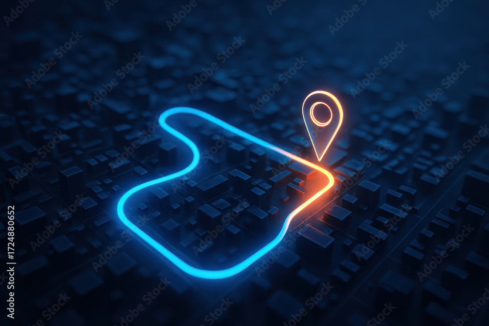 Aufkleber ai driven navigation location concept with glowing route and map pin symbol on futuristic city backg