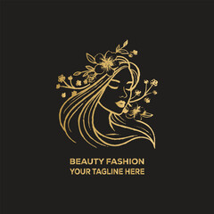 Luxury Beauty Fashion Woman Logo with Golden Floral Hair Design, Elegant Feminine Silhouette for Salon, Spa, and Cosmetics Branding