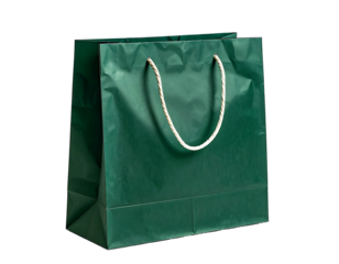 Dark green paper shopping bag, creased, with handles