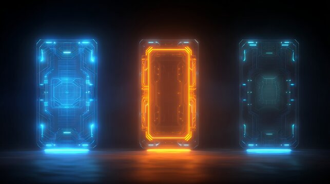 Futuristic glowing holographic panels in vibrant blue and orange hues, showcasing advanced technology and digital interfaces.