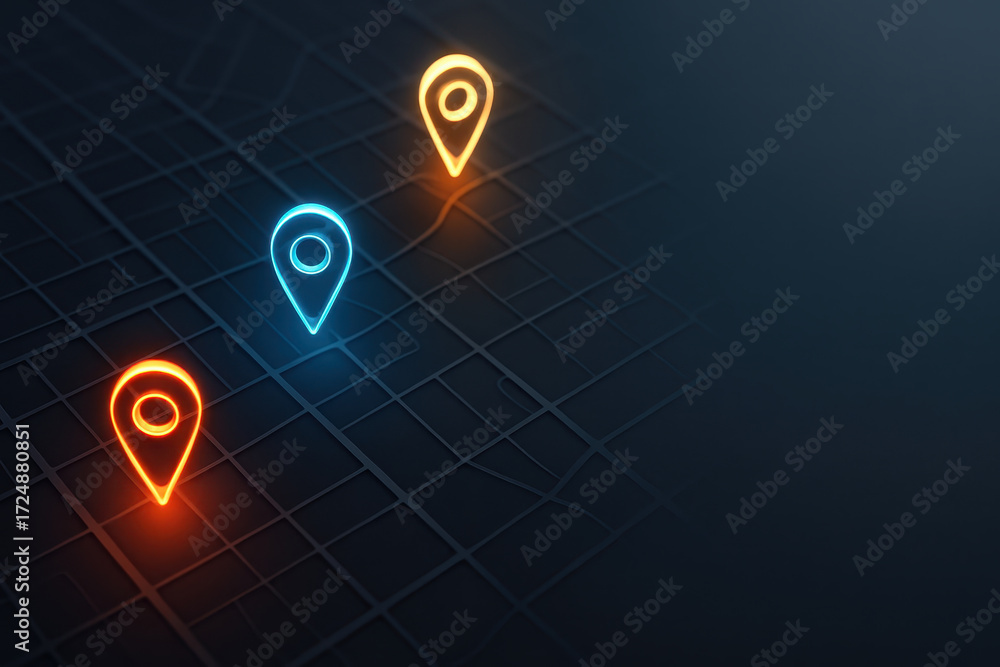 Poster ai driven navigation location concept with glowing map pin markers on dark digital grid background r
