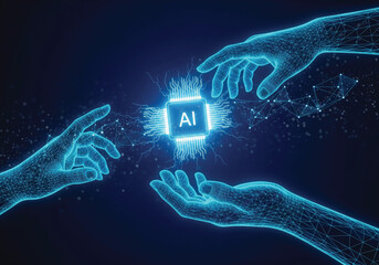 Futuristic hands interacting with a glowing AI chip, representing technological advancement and the power of artificial intelligence in a modern world