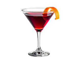 Red cocktail in martini glass, garnished with orange peel (1)