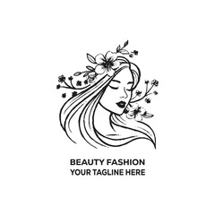 Beauty Fashion Woman Logo with Floral Hair Design, Elegant Feminine Face Silhouette, Natural Cosmetics and Salon Branding Illustration