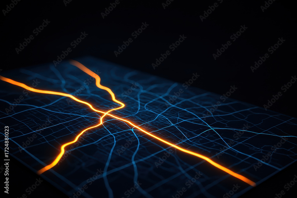 Aufkleber ai driven navigation location concept with glowing digital map lines on dark background showing futu
