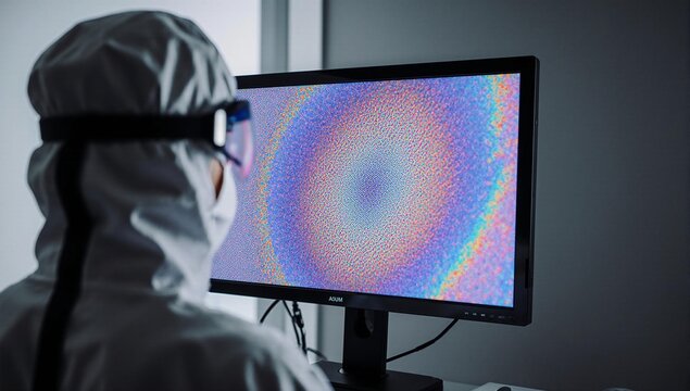 A scientist in a clean suit analyzing a psychedelic data visualization.